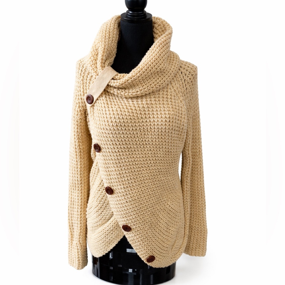 Chunky Knit Cowl Neck Button Wrap Cardigan Sweater Cream Beige